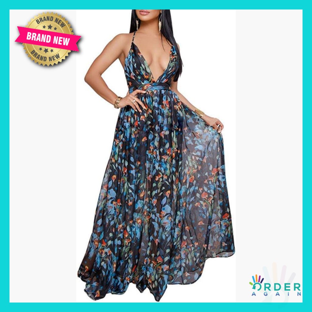 Boho Floral Maxi Dress Spaghetti Strap Backless Criss Cross V Neck Summer